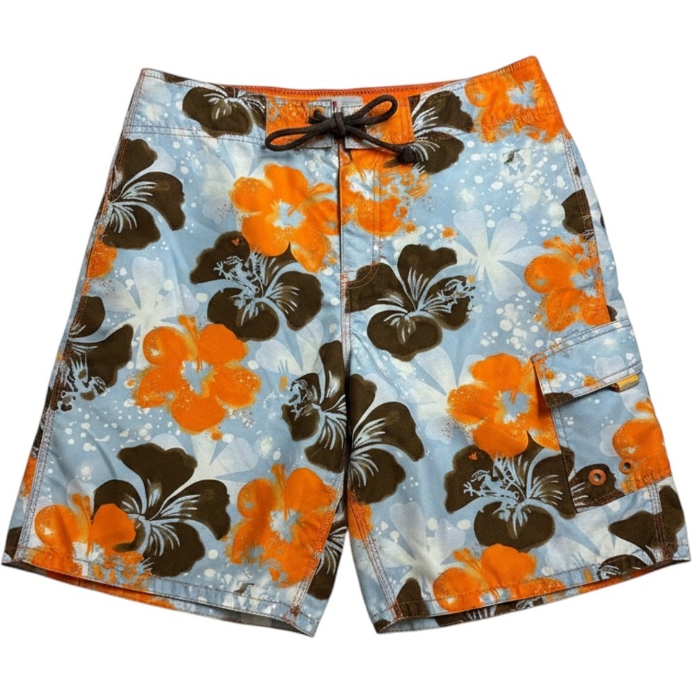 Mossimo Mens Blue Orange Hibiscus Floral Board Shorts Swim Trunks Size 32 Cargo